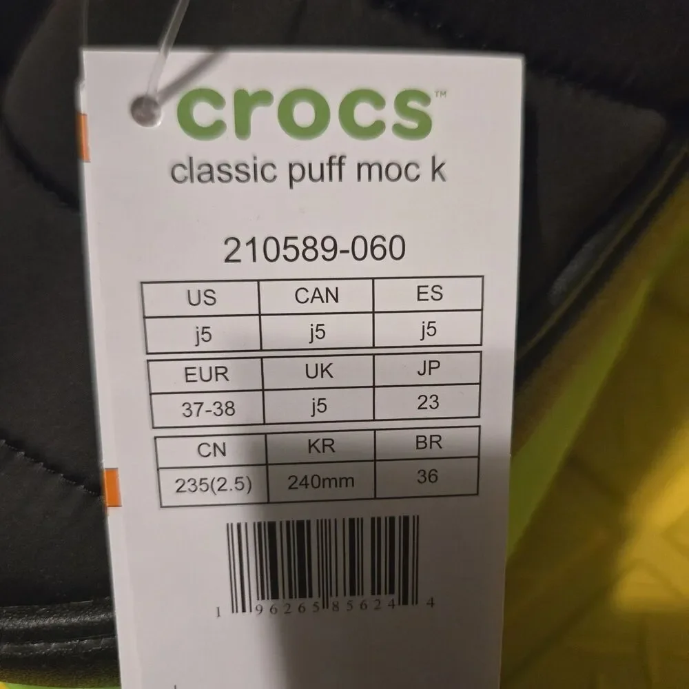 Crocs Classic Puff Moc 210706 Black/Black Unisex Slip On Shoes KIDS J5